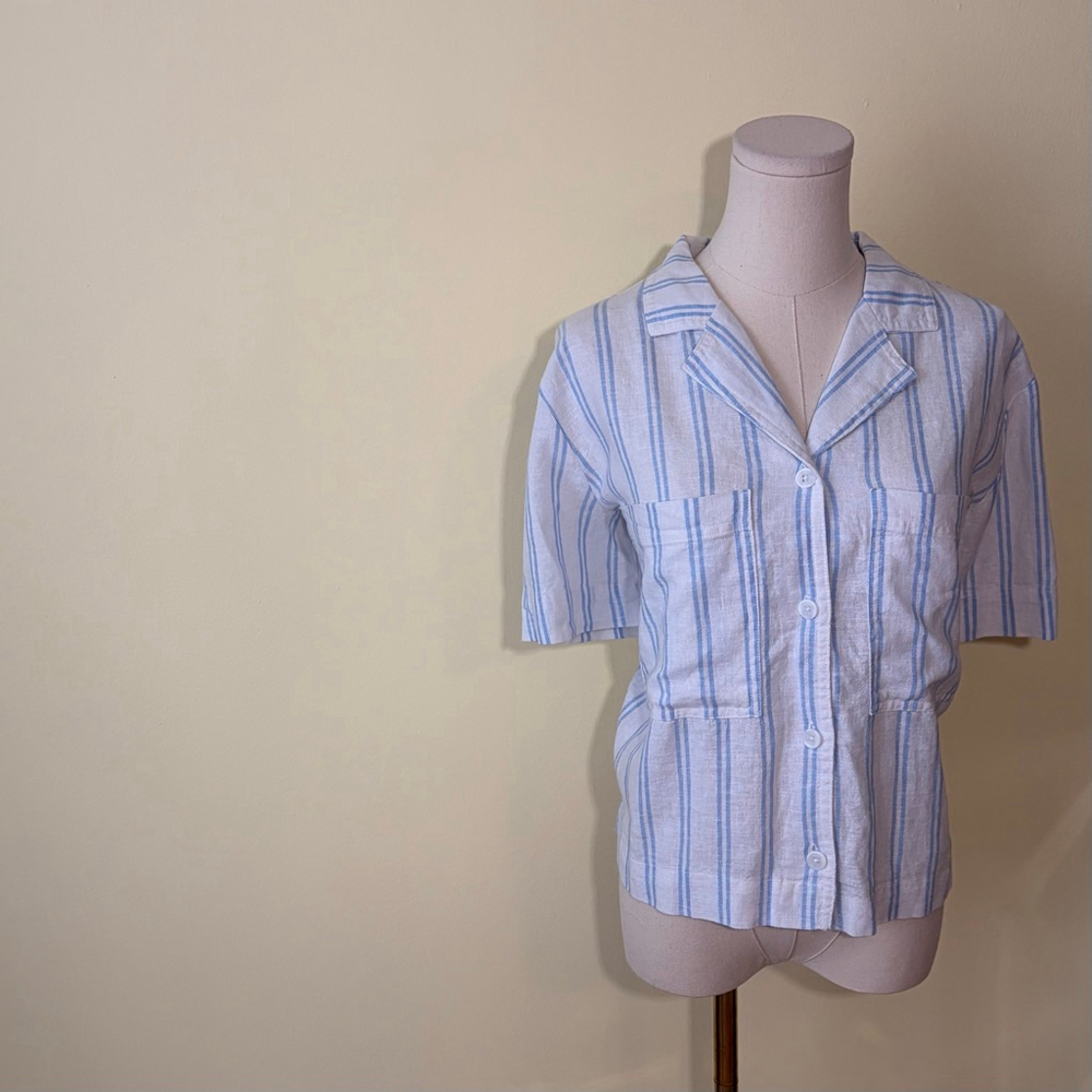 Buffalo David Bitton Women’s Linen White & Blue Striped Button Down Crop Shirt M